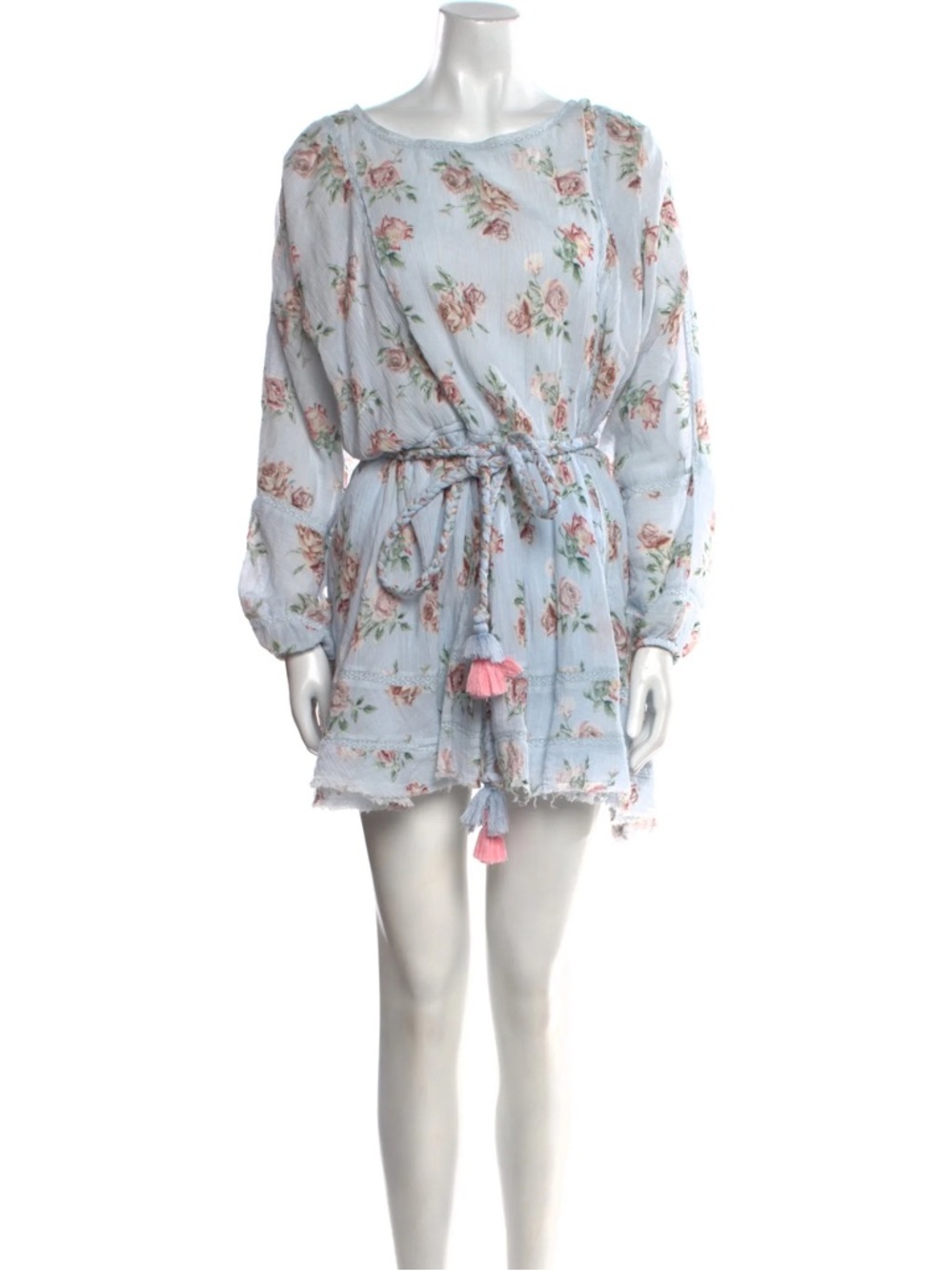 LoveShackFancy Pale Blue Rose Print Tassel Belt Mini Dress Noelle